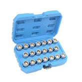 Låsebolt Nøglesæt – 20 Dele (50-69) Hjulbolt Afmontering i blå kasse med forskellige nøgler.