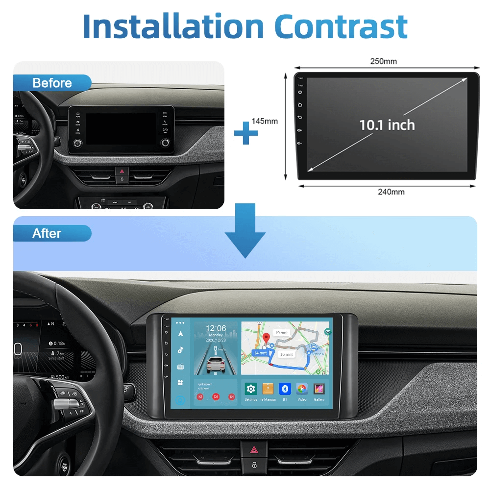 Installation contrast showing VW Polo/Skoda Scala/Skoda Kamiq 20-25 – 10,1" Radio med Apple CarPlay og Android Auto before and after.
