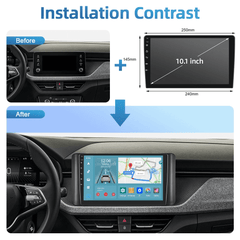Installation contrast showing VW Polo/Skoda Scala/Skoda Kamiq 20-25 – 10,1" Radio med Apple CarPlay og Android Auto before and after.