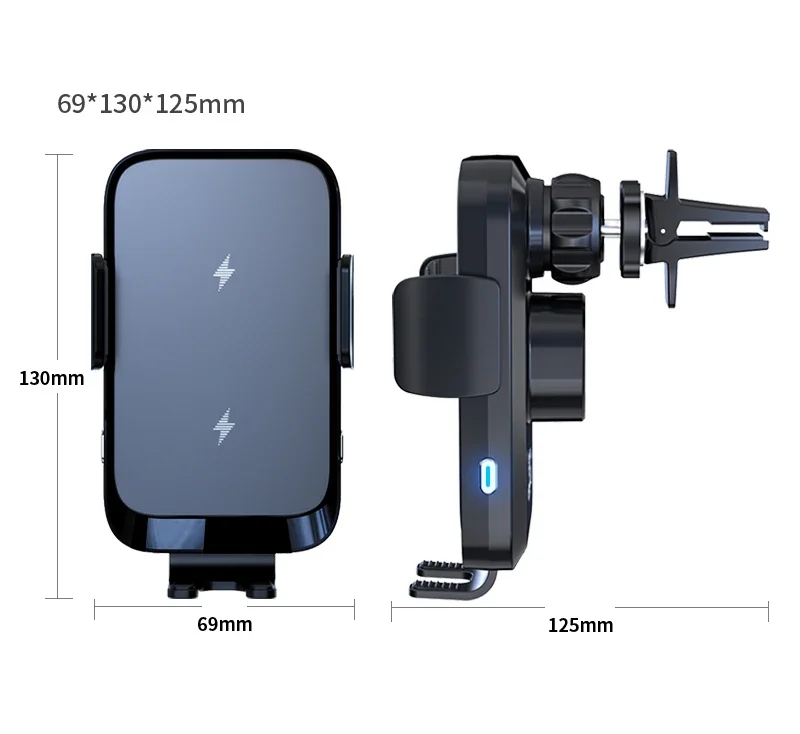 Trådløs Biloplader & Mobilholder 15W – Automatisk Klemme & 360° Rotation dimensions 69*130*125mm