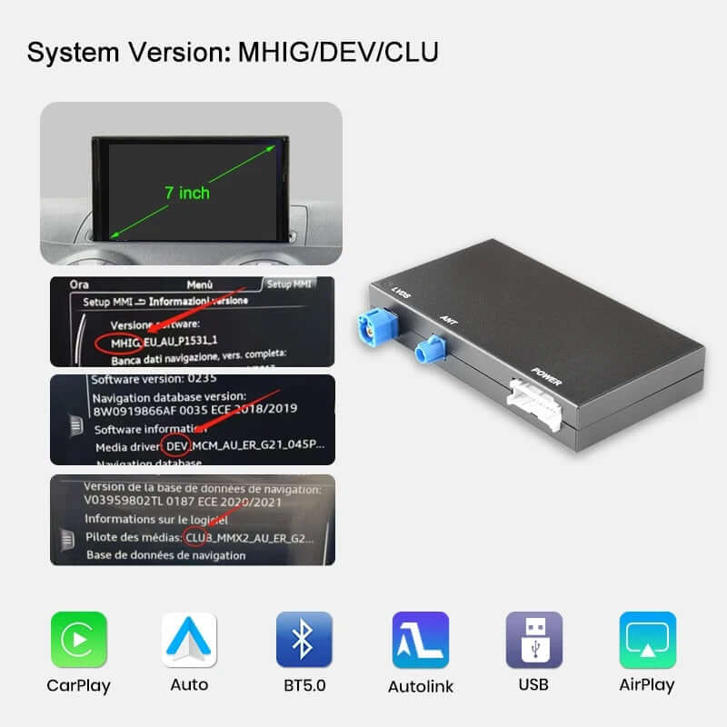 Trådløs Apple CarPlay & Android Auto til Audi A3 og Q2 (2012–2020) – Original skærm med systemversion MHIG/DEV/CLU.